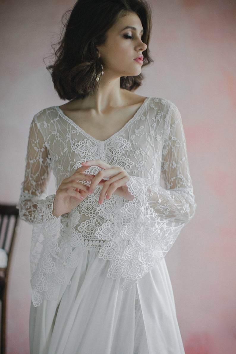 Long Bell Sleeves Bohemian Wedding Dress - Maven Flair