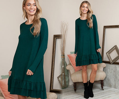 Solid Long Sleeve Tiered Dress