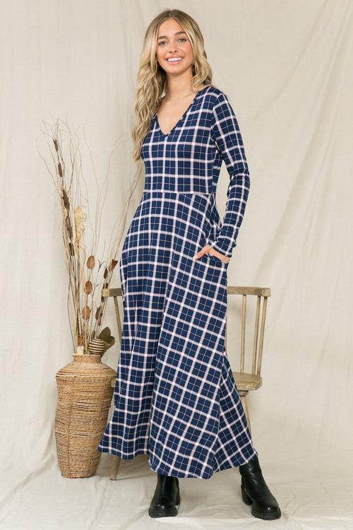 Plaid Long Sleeve Maxi Dress