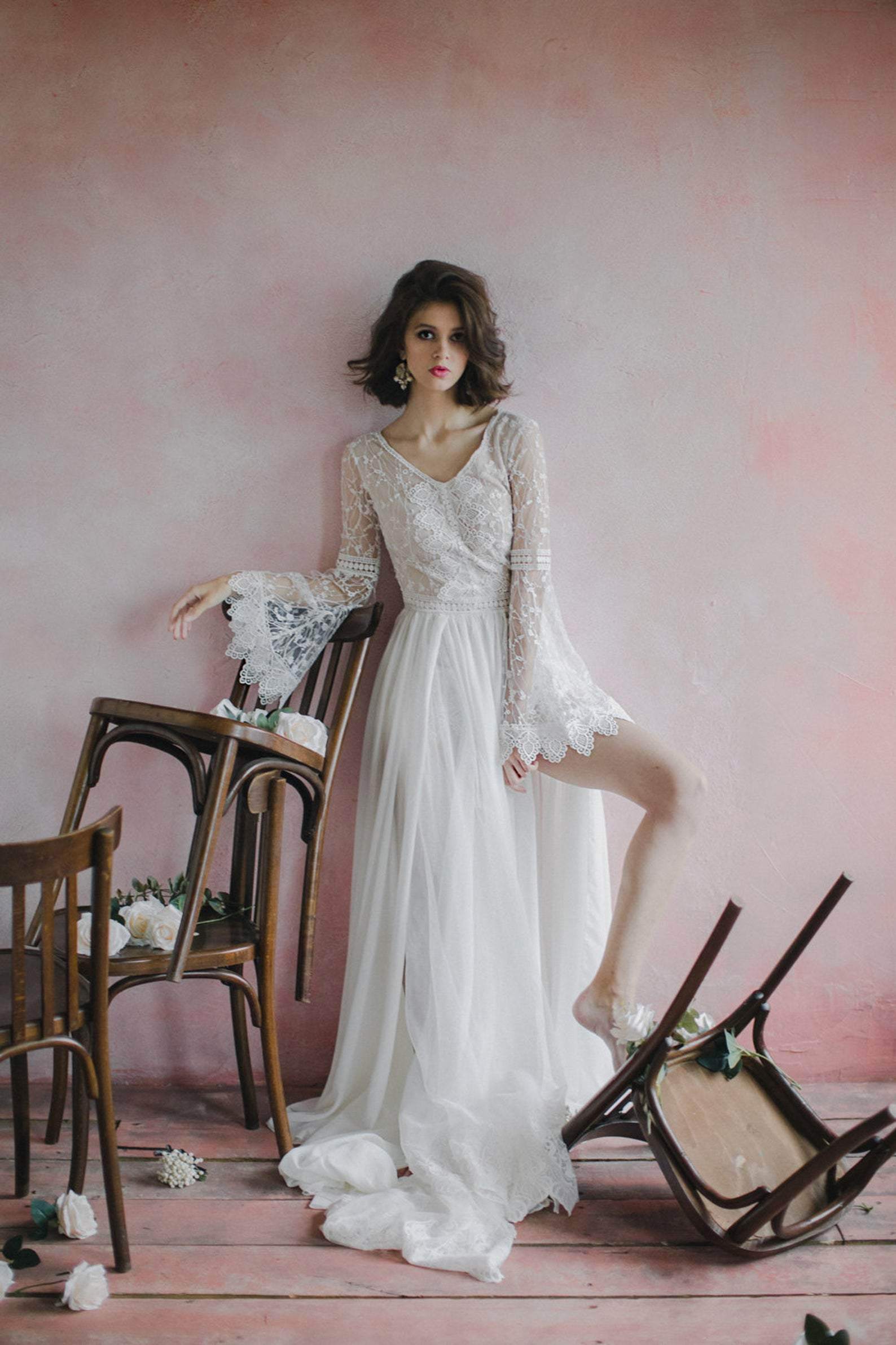 Long Bell Sleeves Bohemian Wedding Dress - Maven Flair