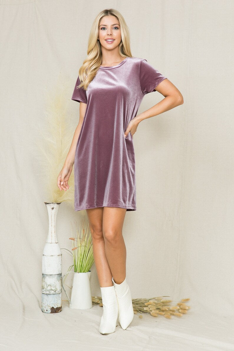 Solid Velvet Short Sleeve Tunic Dress