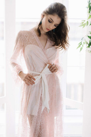 Long Pink Chiffon Bridal Robe with Lace Trim
