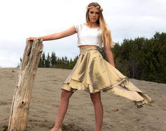 Hi Low Evening Skirt in Silk Gold Lame - Maven Flair