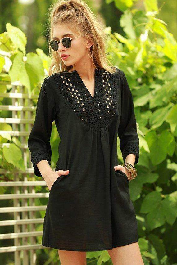 Black Long Sleeves Embroidery Dress - Maven Flair