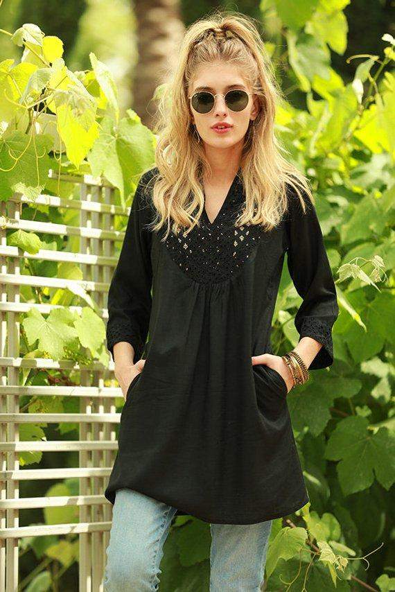 Black Long Sleeves Embroidery Dress - Maven Flair
