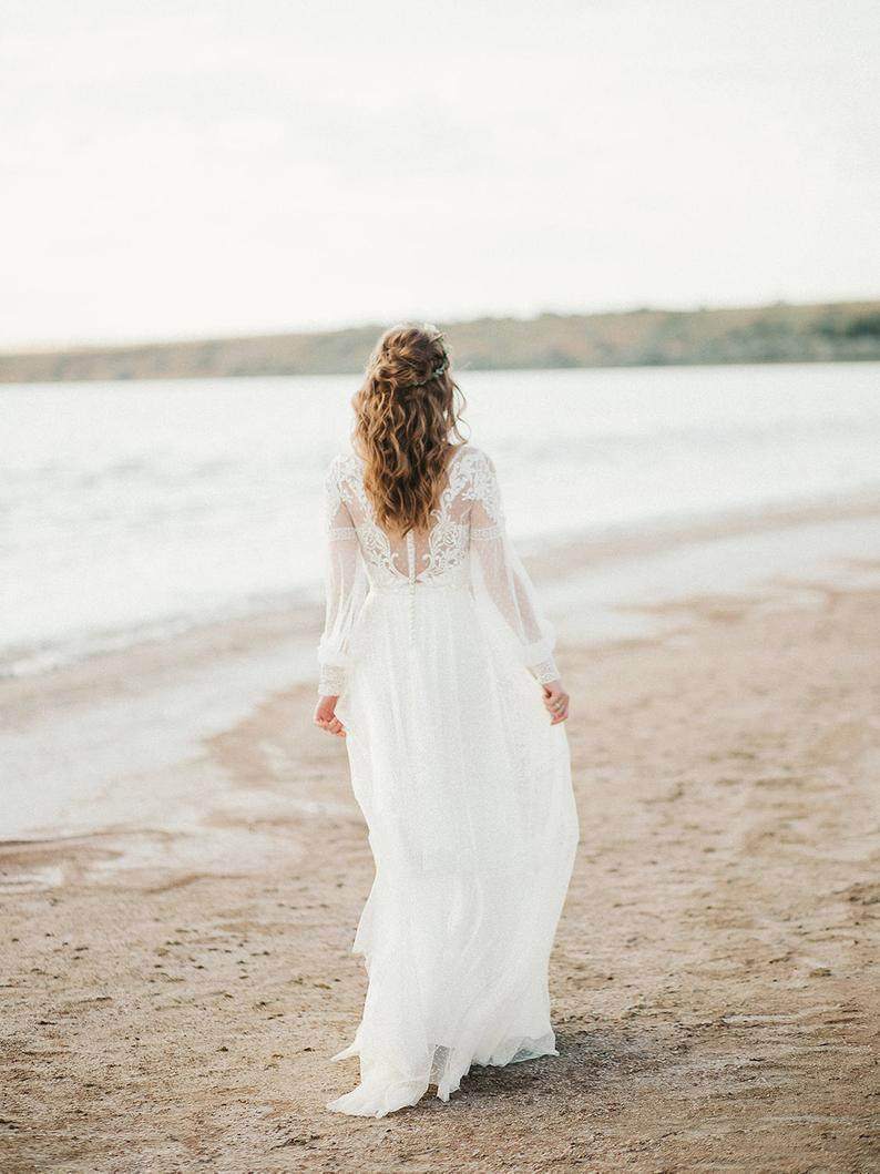 Long Sleeve Bohemian Backless Wedding Dress - Maven Flair