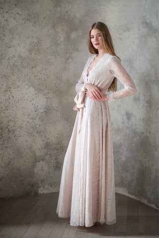 Long Pink Chiffon Bridal Robe with Lace Trim