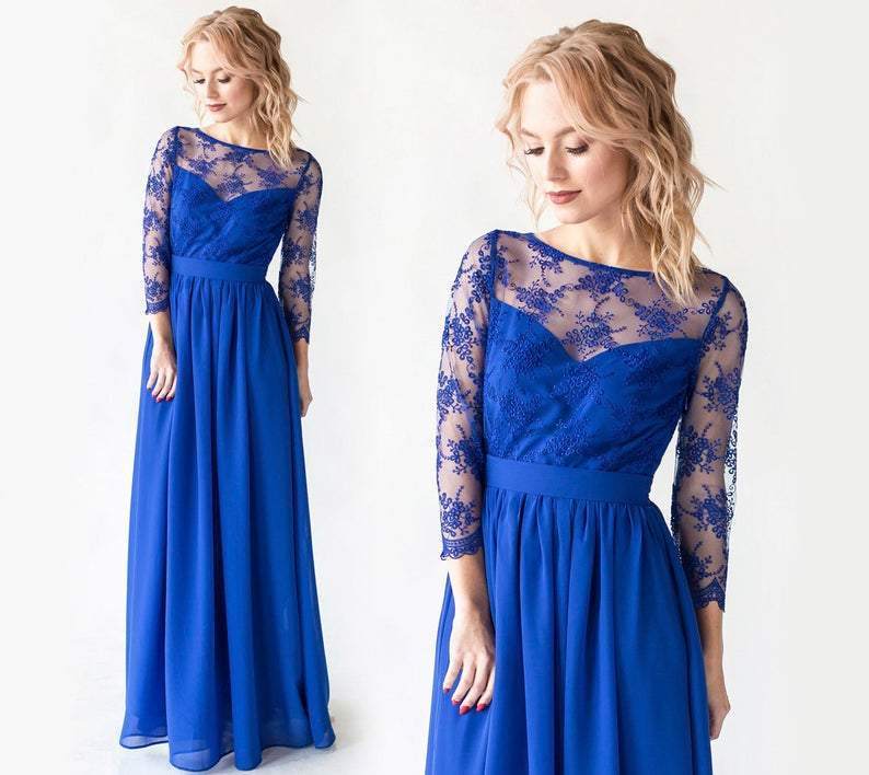 Blue Lace Gown With 3/4 Sleeves - Maven Flair
