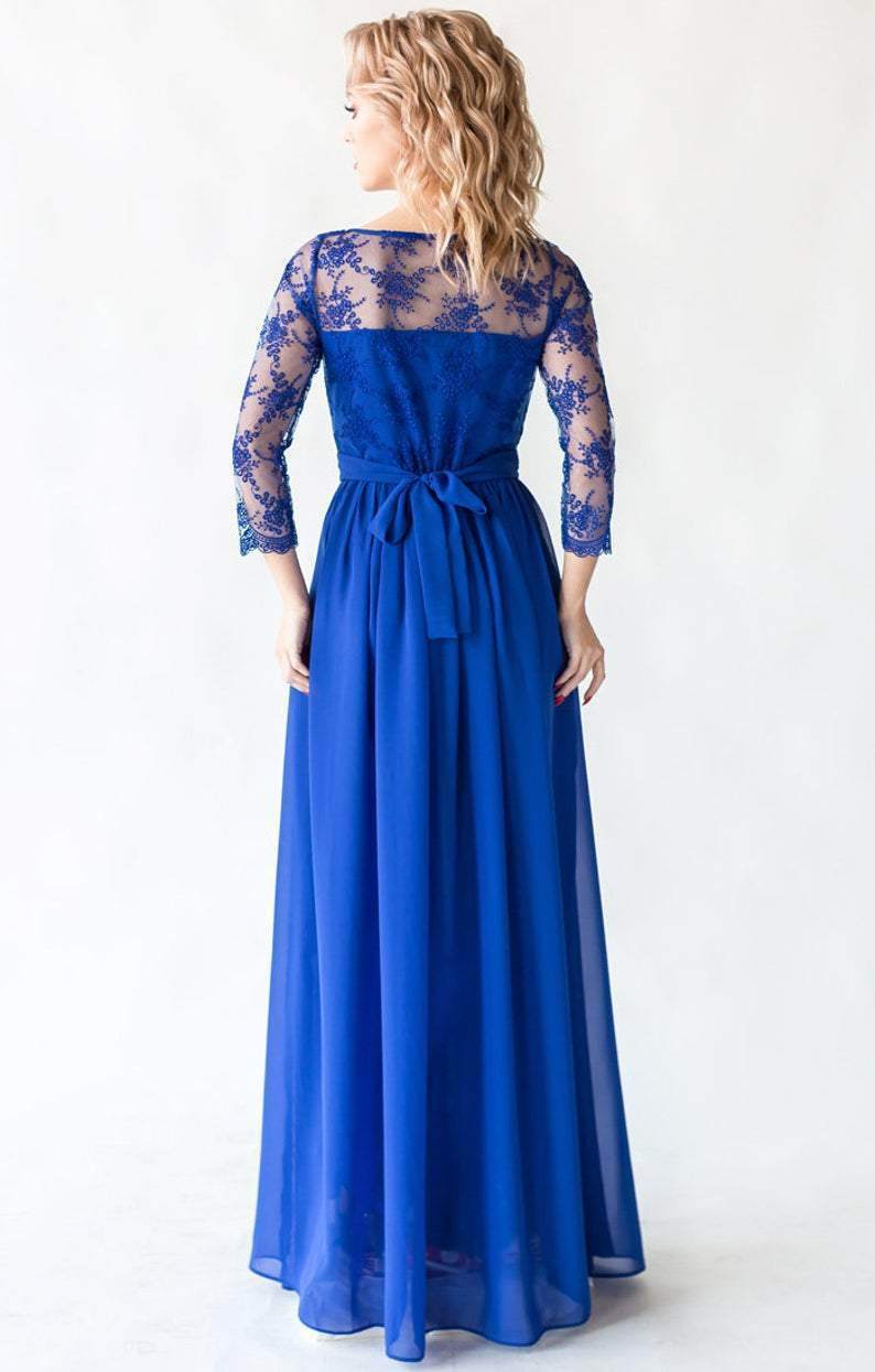 Blue Lace Gown With 3/4 Sleeves - Maven Flair