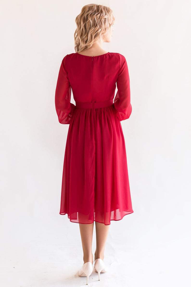 Romantic Red Cocktail Flowy Dress With Long Sleeves - Maven Flair