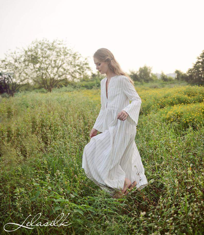 Linen Dress with Bell Sleeves - Maven Flair