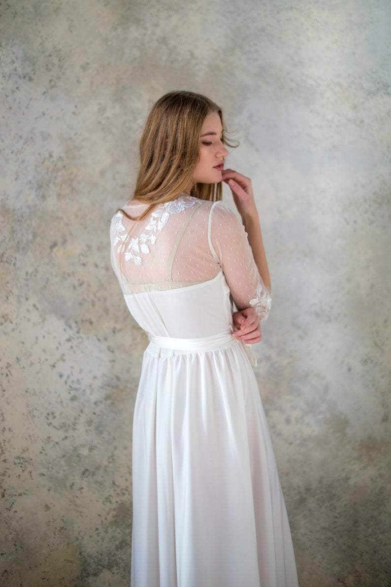 Long Ivory Robe with Lace Applique - Maven Flair