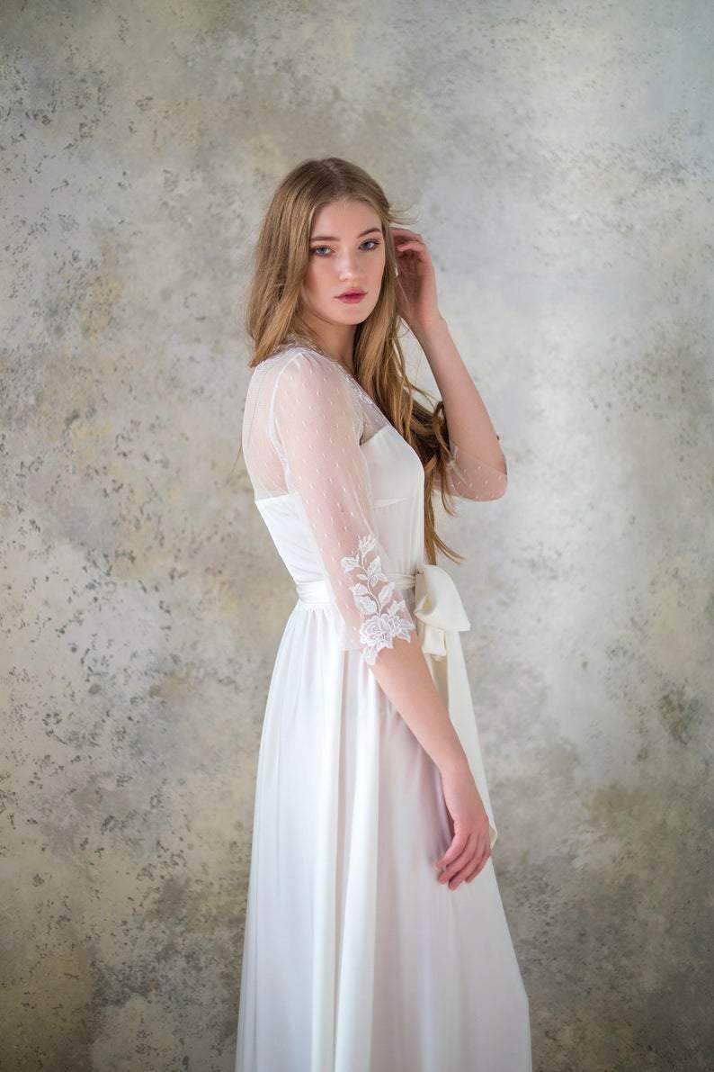 Long Ivory Robe with Lace Applique - Maven Flair