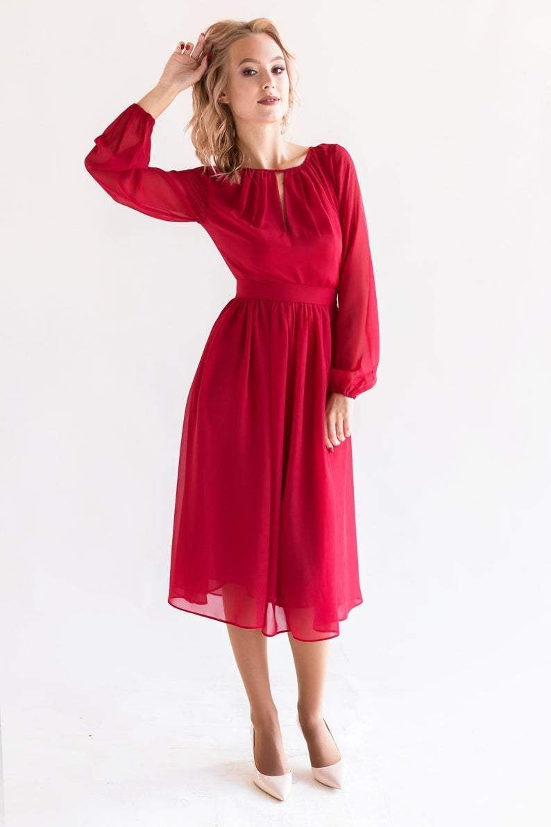 Romantic Red Cocktail Flowy Dress With Long Sleeves - Maven Flair