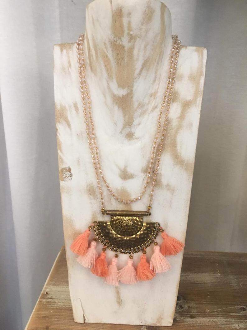 Long Pink Tassel Necklace With Crystal Beads - Maven Flair
