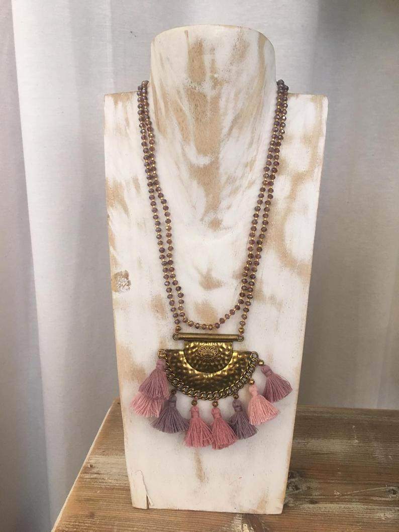 Long Pink Tassel Necklace With Crystal Beads - Maven Flair