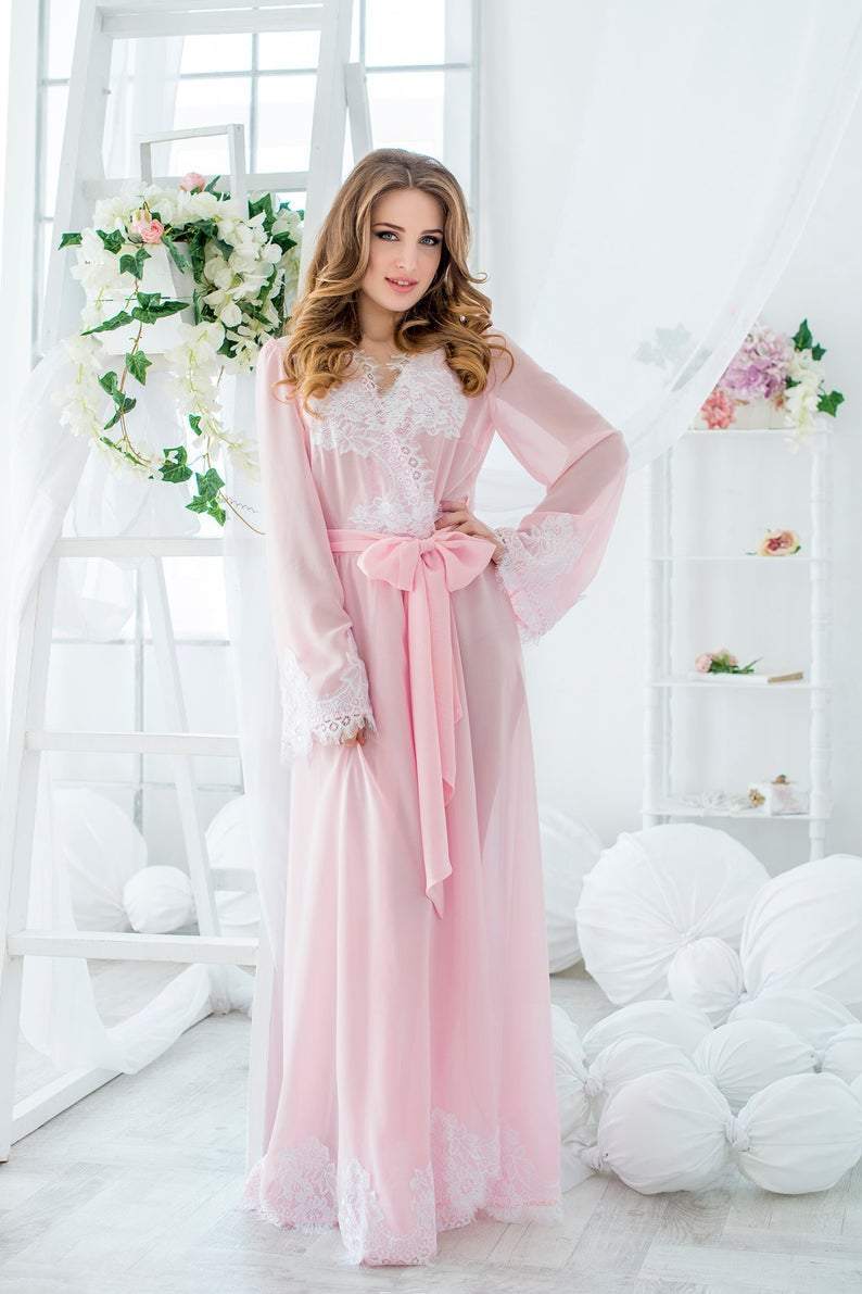 Long Pink Chiffon Bridal Robe with Lace Trim - Maven Flair