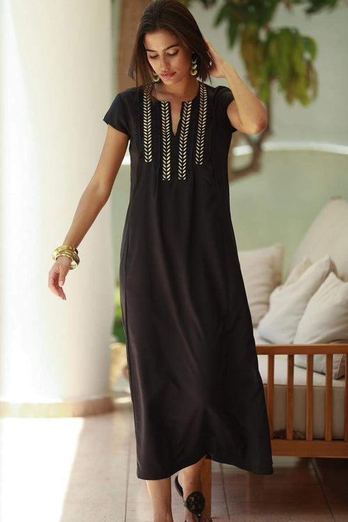 Boho Long Black and Gold Kaftan Dress - Maven Flair