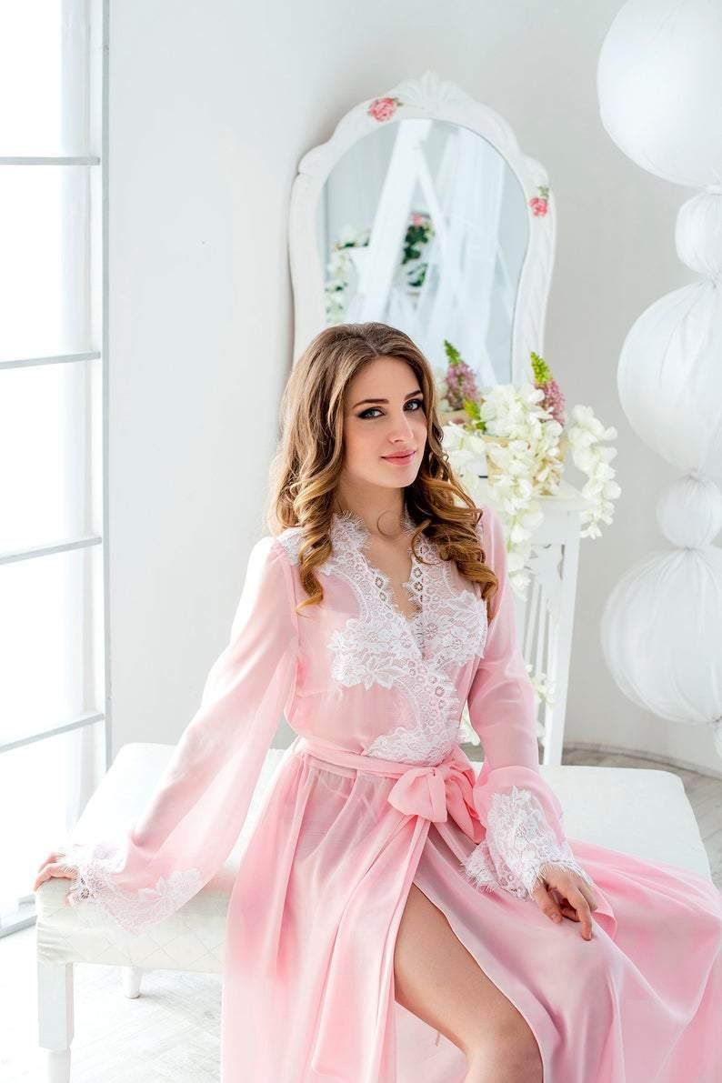 Long Pink Chiffon Bridal Robe with Lace Trim - Maven Flair