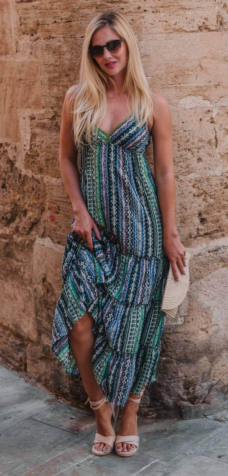 Green Tribal Boho Maxi Summer Dress - Maven Flair