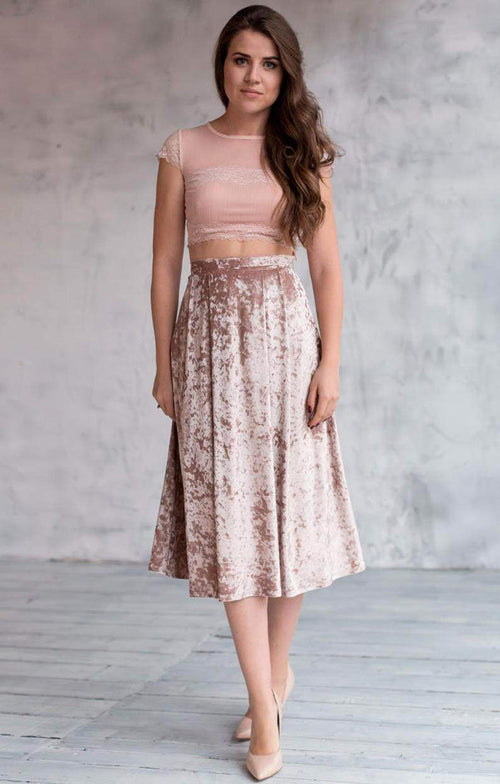 High Waisted Beige Velvet Skirt - Maven Flair