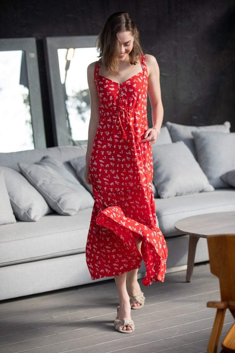 Red Floral Ruffle Boho Summer Long Dress - Maven Flair