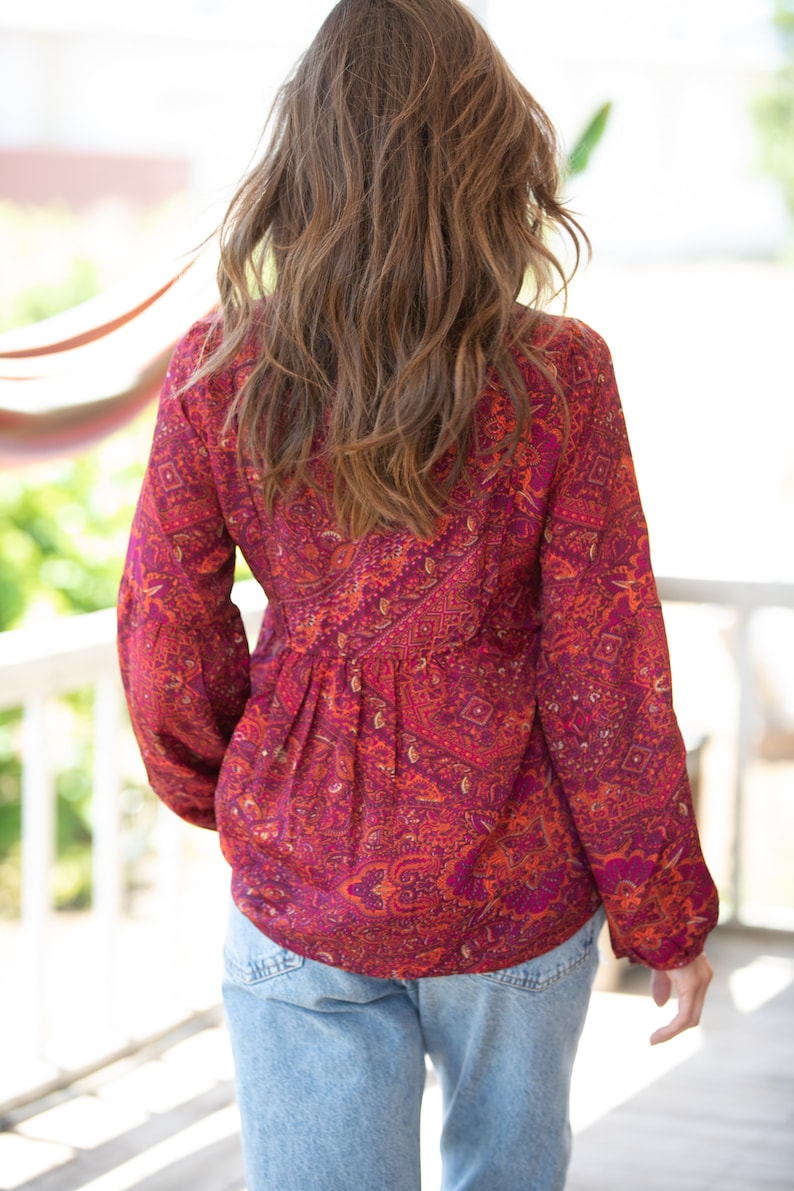 Red Bordeaux Bohemian Ethnic Puffed Sleeves Oversize Top